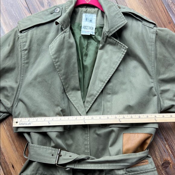 Vintage Together Khaki Green Size 10 Tall Trench Coat with Leather Accents - Picture 9 of 9